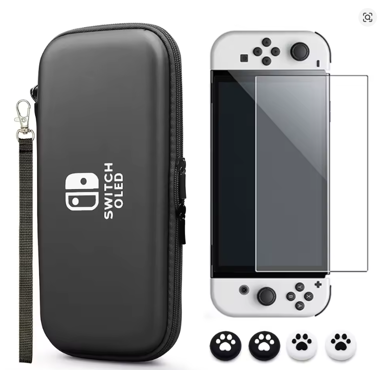 Protective Carry Case Bundle for OLED Console – with Glass Screen Protector & Paw Thumb Grips